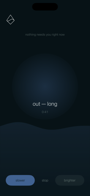 A Neaptide settle session: a dim blue screen reading “out — long”, with the words “nothing needs you right now” above the timer.