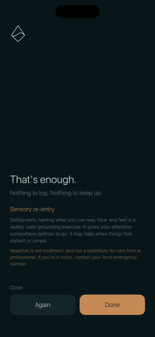 The close screen with its source note open, explaining what sensory re-entry is generally used for, above a reminder that Neaptide is not treatment.