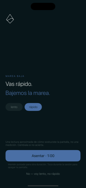 La pantalla de lectura: “Vas rápido. Bajemos la marea.” con un selector lento/rápido y un botón que dice “Asentar · 1:00”.