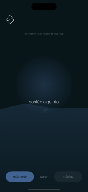 Una pantalla de sesión que dice “sostén algo frío”, con el temporizador en 1:03.