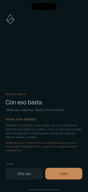 La pantalla de cierre con su nota abierta, que explica para qué se usa generalmente volver a los sentidos, sobre un recordatorio de que Neaptide no es un tratamiento.